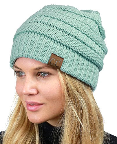 C.C Unisex Chunky Soft Stretch Cable Knit Warm Fuzzy Lined Skully Beanie - color: Mint