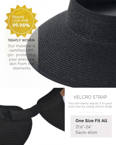 FURTALK Womens Sun Hat with Ponytail Hole Wide Brim Beach Straw Visor - color: Black