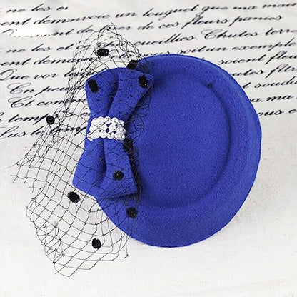 Fascinators Hats Pillbox Hat for Girl and Women - color: Blue-fascinator With Bowknot Veil