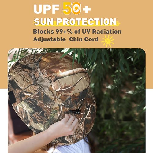 Men Safari Sun Hat Wide Brim Boonie Fishing Cap with Adjustable Drawstring - color: Leaf Woodland Camo
