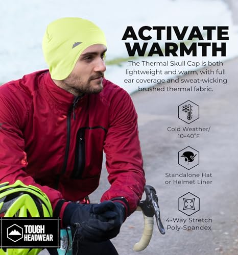Tough Headwear Thermal Skull Cap - Moisture-Wicking Running Beanie - Snug Fit Ski Helmet Liner - Lightweight Cycling Cap - color: Reversible Black + Hi-viz Yellow