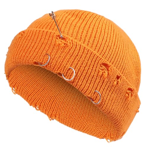 Distressed Ring Beanie Hat for Women Men Slouchy Skull Cap - color: Orange