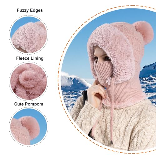 HUAMULAN Women Cable Knit Balaclavas Winter Fleece Lined Beanie Hat - color: Pink With String