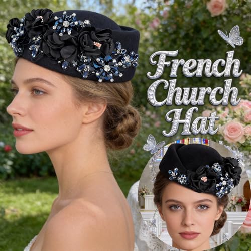 Petaluna Women's Flower Beret Suitable for Church Wearing Elegant Breathable Wedding Party Retro French Headdress - color: Navy Blue