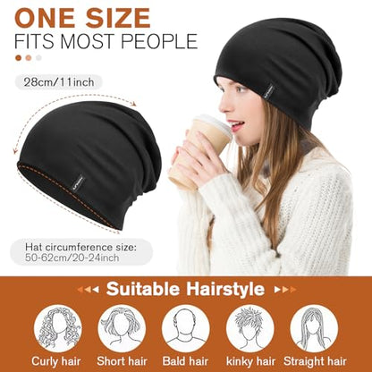HAMUNI Slouchy Beanie for Women Men Soft Cotton Chemo Hats Double-Layer Warm Beanie Cap for Daily Wear & Transitional Seasons - color: Black+green