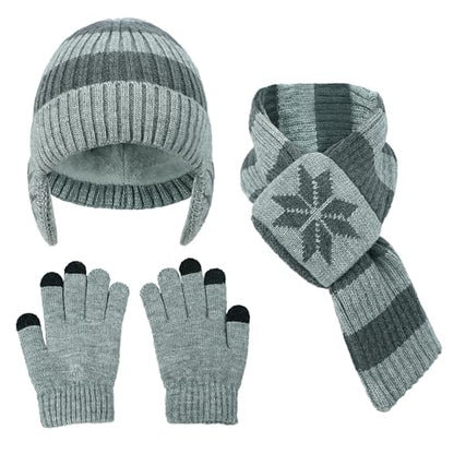 PURFUN Kids 3-in-1 Beanie Scarf Touchscreen Gloves Set, Winter Thick Warm Fleece Lined Knitted Skull Cap with Ear Flaps - color: Light Grey