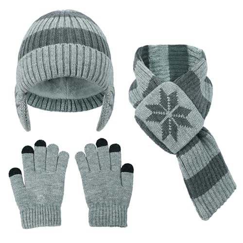 PURFUN Kids 3-in-1 Beanie Scarf Touchscreen Gloves Set, Winter Thick Warm Fleece Lined Knitted Skull Cap with Ear Flaps - color: Light Grey