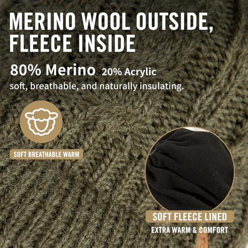 ChicPony™ Merino Wool Visor Ponytail Beanie with Brim Fleece Lined 3 Bun Openings Hole Warm Windproof Knit Cap Winter Hat - color: Forest Olive(pony)
