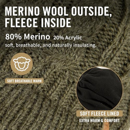 ChicPony™ Merino Wool Visor Ponytail Beanie with Brim Fleece Lined 3 Bun Openings Hole Warm Windproof Knit Cap Winter Hat - color: Forest Olive(pony)