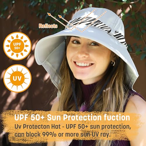 Solaris UPF 50+ Wide Brim Sun Hat for Women - Small Size Packable Lightweight, Floral Scarf Cooling Hat with Neck Flap - color: Silver Gray-round
