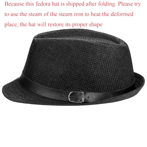Straw Fedora Hat for Men Women Short Brim Trilby Hat Packable Roll Up Panama Jazz Cap Summer Beach Sun Cap - color: Black