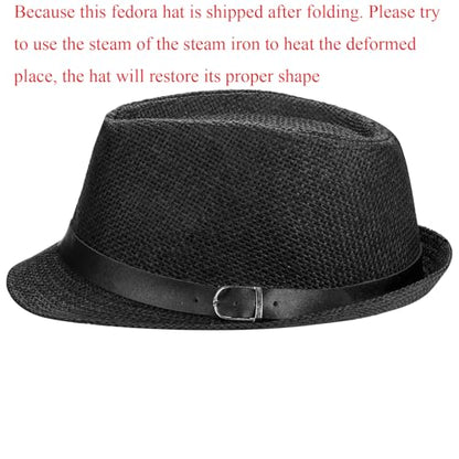 Straw Fedora Hat for Men Women Short Brim Trilby Hat Packable Roll Up Panama Jazz Cap Summer Beach Sun Cap - color: Black