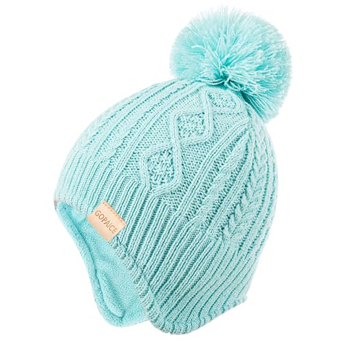 Kids Winter Beanie Hat and Scarf Set with Pom Pom for Girls, Children's Thick Ski Cap with Earflap Fleece Lined Hat 3-9 Years - color: Mint Green