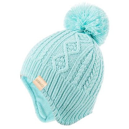 Kids Winter Beanie Hat and Scarf Set with Pom Pom for Girls, Children's Thick Ski Cap with Earflap Fleece Lined Hat 3-9 Years - color: Mint Green