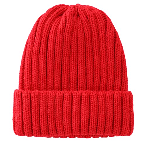 Connectyle Women's Rib Knit Cuffed Beanie Hat Stretch Acrylic Winter Hat Thick Warm Snow Ski Cap - color: Red