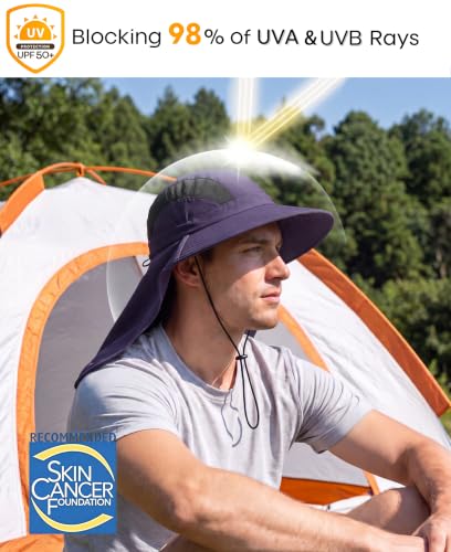 Home Prefer UPF 50+ Sun Hats for Men Women Wide Brim Fishing Hat with Neck Flap UV Protection Sunblock Safari Bucket Hat - color: Navy Blue