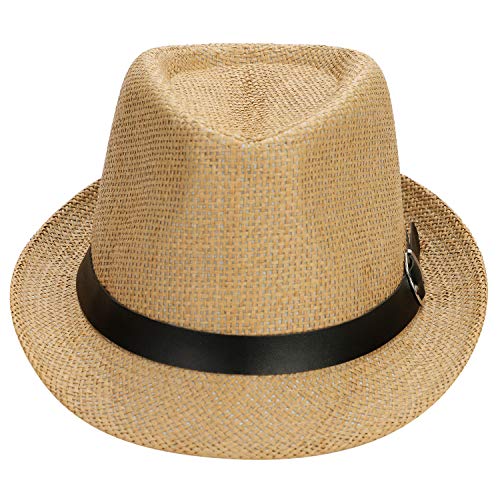 Straw Fedora Hat for Men Women Short Brim Trilby Hat Packable Roll Up Panama Jazz Cap Summer Beach Sun Cap - color: Dark Brown