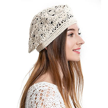 ZLYC Women Cotton Slouchy Crochet Beret Handmade Cutout Floral Beanie Hat - color: Plain Beige