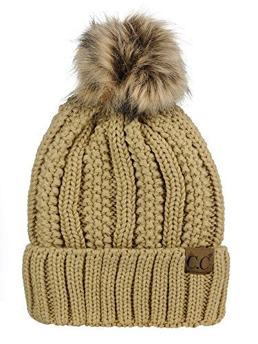 C.C Thick Cable Knit Faux Fuzzy Fur Pom Fleece Lined Skull Cap Cuff Beanie - color: Camel