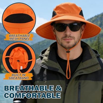 Wide Brim Sun Bucket Hat, Waterproof Boonie Hat for Men & Women - color: 01 Orange
