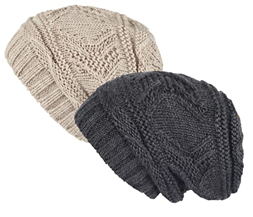 Lilax Knit Slouchy Oversized Soft Warm Winter Beanie Hat - color: Beige/Gray - 2 Pack