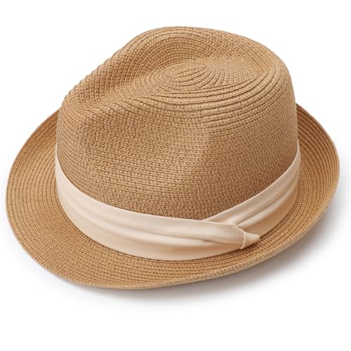 AQOKKA Summer Straw Fedora Hat for Women Men Travel Panama Hat with Wide Brim Roll Up Sun Hat for Beach Outdoor UPF 50+ - color: Khaki-beige