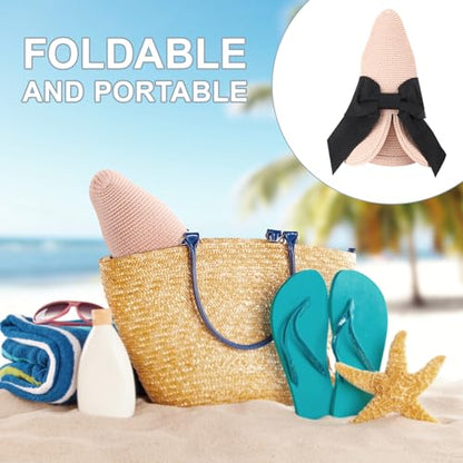 DRESHOW Sun Hats for Women Travel Fedora Foldable Beach Sun Hat Summer Wide Brim Straw Bucket Hat with Bowknot UPF 50+ - color: 1 Pack With Bowknot: Nude Pink