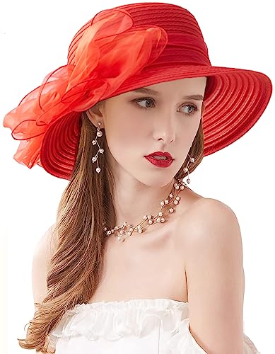 Women's Kentucky Derby Church Dress Hat Wide Brim Leaf Flower Bridal Shower Hat - color: 01 Red