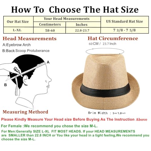2 Pack Straw Fedora Hats for Men and Women, Short Brim Summer Beach hat, Trilby Panama Sun Hats. - color: Beige/Khaki, size: Large-X-Large
