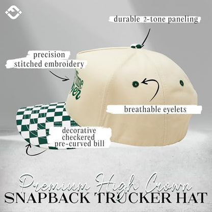 Funky Junque Trucker Snapback Hat - color: Full Time Yapper - Checker Print - Green/Beige