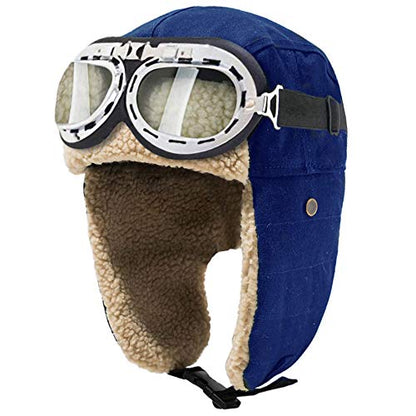 Peicees Aviator Hat and Goggles Pilot Costume Set for Adult Men and Women - style: Blue Hat+white Frame/Clear Lens