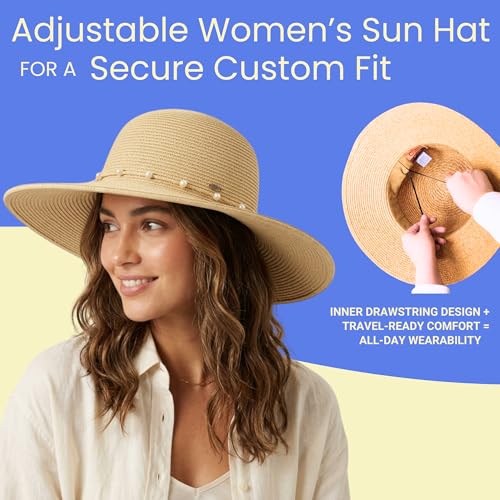 Funky Junque Wide Brim Panama Sun Hat, Womens Packable Straw - color: Pearl Trim - Natural Multi