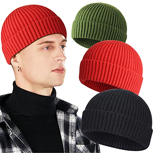 3 Pack Wool Fisherman Beanies for Men, Short Knit Watch Cap Cuffed Hats - color: H-black, Green, Red