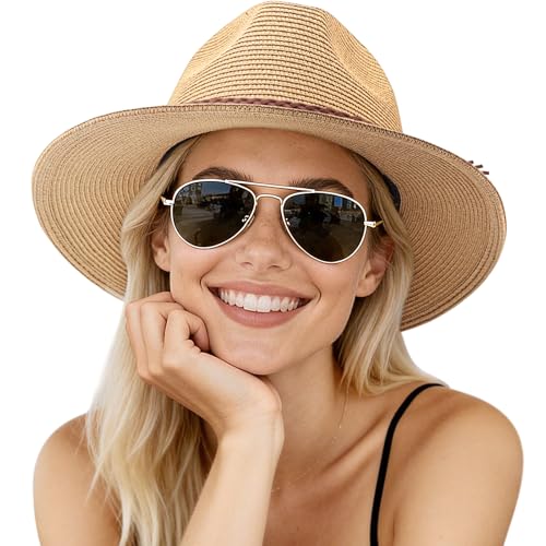 DRESHOW Women Straw Panama Hat Travel Fedora Beach Sun Hat Summer Wide Brim Straw Roll up Hat UPF 50+ - color: Khaki/Braided Rope a