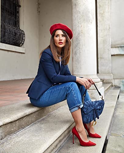 Women French Wool Beret Hats - Solid Color Classic Beanie Winter Cap - color: Thicker-red
