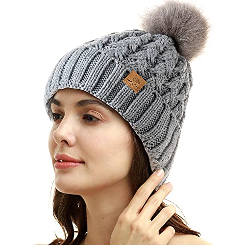PAGE ONE Womens Winter Ribbed Beanie Crossed Cap Chunky Cable Knit Pompom Soft Warm Hat - color: Light Gray