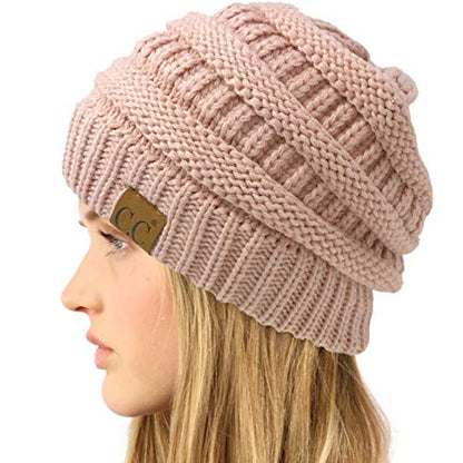 CC Classic Winter Fall Trendy Chunky Stretchy Cable Knit Beanie Hat - color: Solid Rose