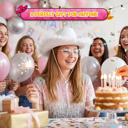 4E's Novelty Cowboy Hat with feathers With Heart Shaped Sunglasses for Women, Felt Cowgirl Hat for Party Costume Dress Up - color: White