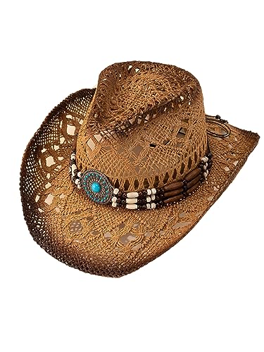 QWINEE Western Straw Cowboy Hat Cowgirl Hats Hollow Out Summer Beach Sun Hat for Women Men - color: Khaki