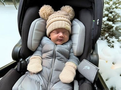 Funky Junque Baby Double Faux Fur Pom Pom Beanie & Mittens Set – Newborn Infant 0–9 Months Winter Hat with Soft Lined Mittens - color: Beige (0-9 Mo)