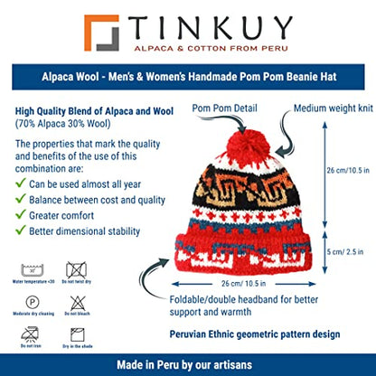 TINKUY Peru Alpaca Wool Winter Beanie, Handmade Bobble Hat, Unisex, One Size - color: Red