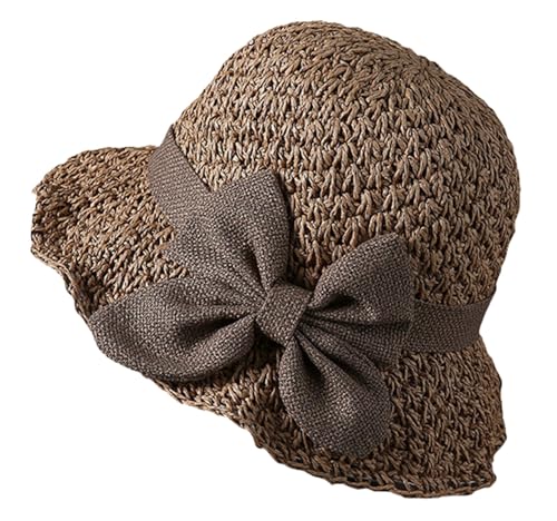 Woven Straw Sun Hat Women Elegant Summer Beach Bucket Cap Wide Brim Travel Sun Hat Stylish Handmade Packable - color: Coffee