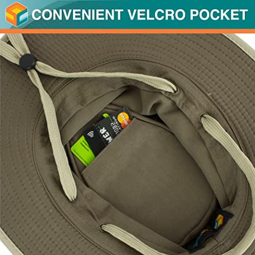 SUN CUBE Wide Brim Sun Hat for Men Women UPF 50+ UV Protection Safari Boonie Hat with Chin Strap, Pocket, Fishing Hiking Hat - color: Tan