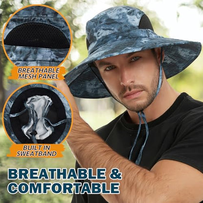 Wide Brim Sun Bucket Hat, Waterproof Boonie Hat for Men & Women - color: 05 Navy Blue (Camo)
