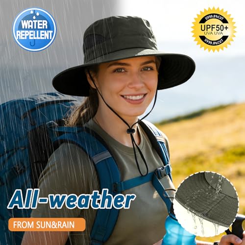ZOORON Sun Hats for Men Women, Wide Brim Safari Hats UV Protection UPF50+ Waterproof Boonie Hats for Fishing Hiking Camping - color: With One Pair Cooling Sleeves-1pack-army Green