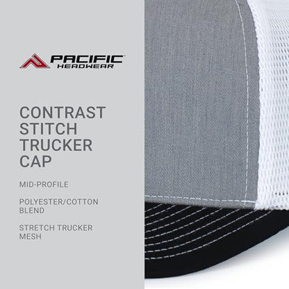 Pacific Headwear Contrast Stitch Trucker Pacflex Snapback Cap - color: Heather Grey/White/Black