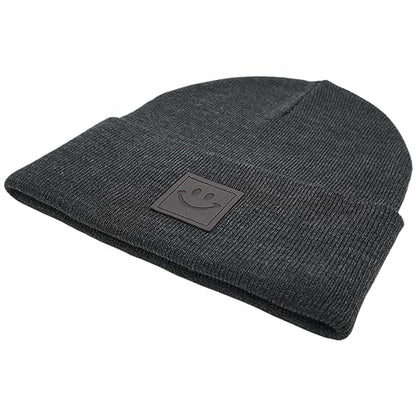 55cube Unisex Knit Cuffed Beanie Hats Warm Winter Caps with Leather Logos - color: Cambridge Charcoal Grey