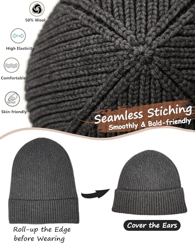 Wool Beanie for Men Women, Seamless Knit Cuffed Warm Winter Hats - color: 1pcs-dark Gray
