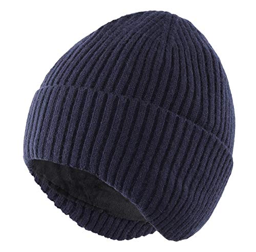 Connectyle Fleece Lined Beanie Hat for Men Women Warm Winter Hats with Earflaps Stretchy Ribbed Knit Skull Cap - color: Navy