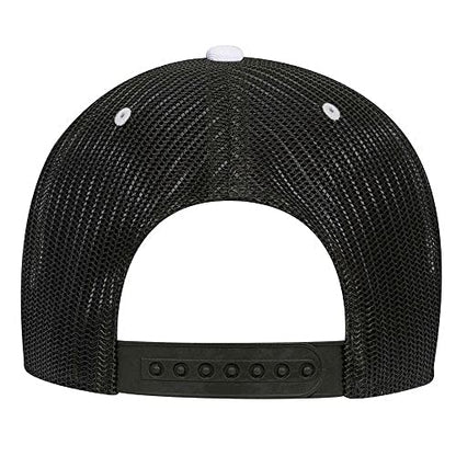 Ashen Fane 6 Panel Blend Twill Structured Low Profile Mesh Back Snapback Trucker Hat - color: Blk/Wht/Blk